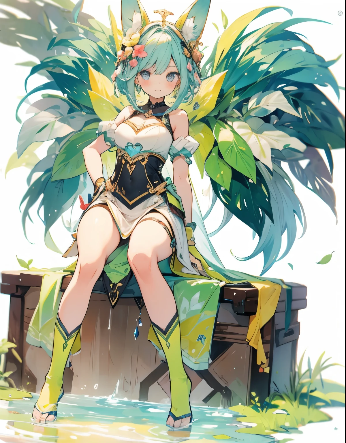 <lora:sera:1>,masterpiece,blurry,sparkle,lens flare, best quality, ultra-detailed, illustration, epic lighting, cinematic composition,outdoors,
fairyland,summer,dusk,outdoors,town,standing,leaning forward,cowboy shot,(Overhead view),(8k:1.1),
Beautiful body,Beautiful character design, perfect eyes, perfect face,(giganitc breasts:1.5), (beautiful_face:1.2),(narrow_waist), mature female, curvy, (shiny skin:1.2), glowing hair,
1girl, sera,solo,Green hair,thighhighs, skirt, virtual youtuber, apron, high heels, full body, looking at viewer, white thighhighs, navel, twintails, see-through, black skirt, smile,  low twintails,cleavage,  frills, midriff, closed mouth, bare shoulders,