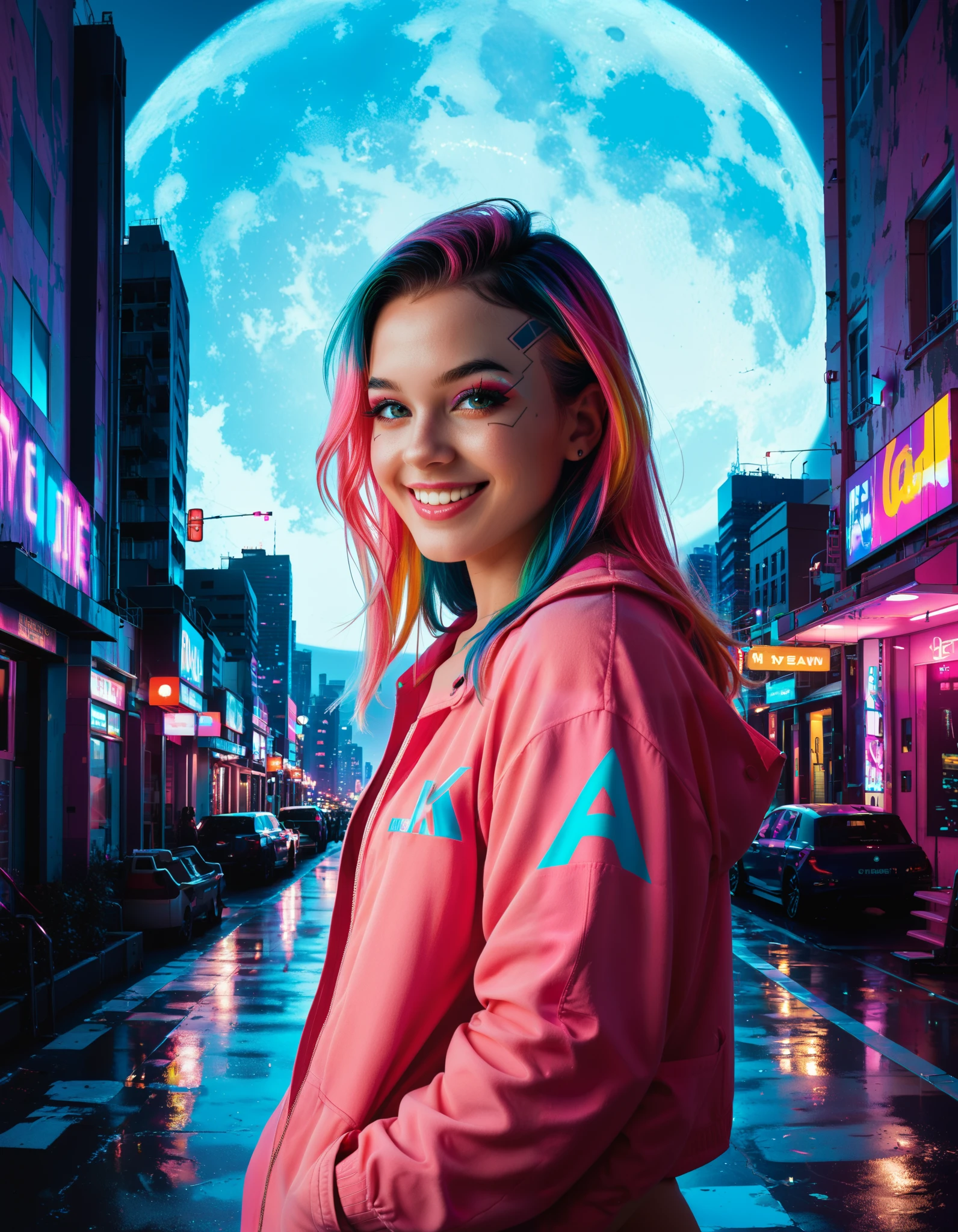 score_9, score_8_up, score_7_up,, colorful, 1girl, colorful, colorful, cyberpunk, ladder, looking at viewer, moon, multicolored hair, two-tone hair, pink theme, long hair, solo, closed mouth, limited palette, full moon, building, smile, outdoor, city lights, masterpiece, best quality, newest, very awa