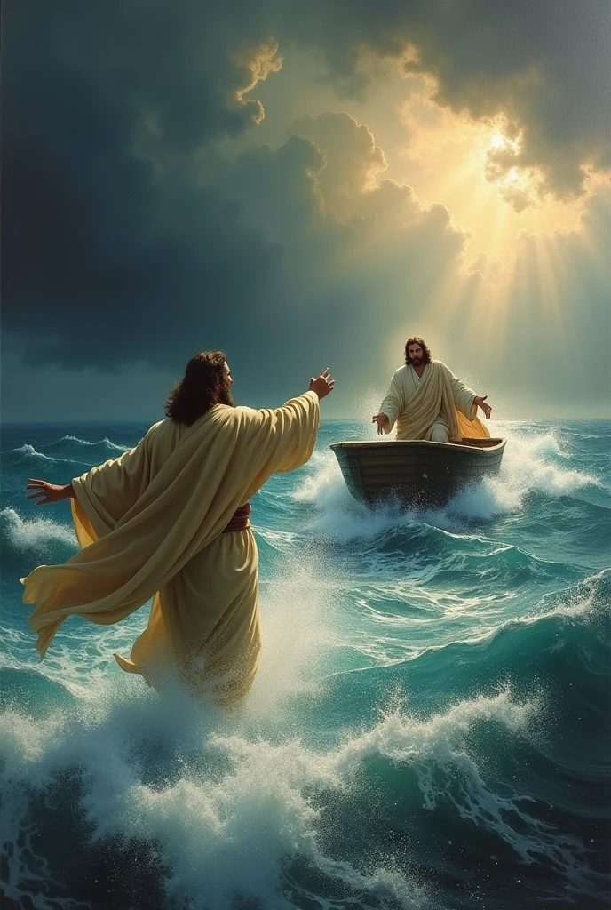 Jesus with peter and his brother on a boat catching many fishes, high quality, 8K Ultra HD, crisp lines, The background is monochrome, sharp focus, double exposure, awesome full color,