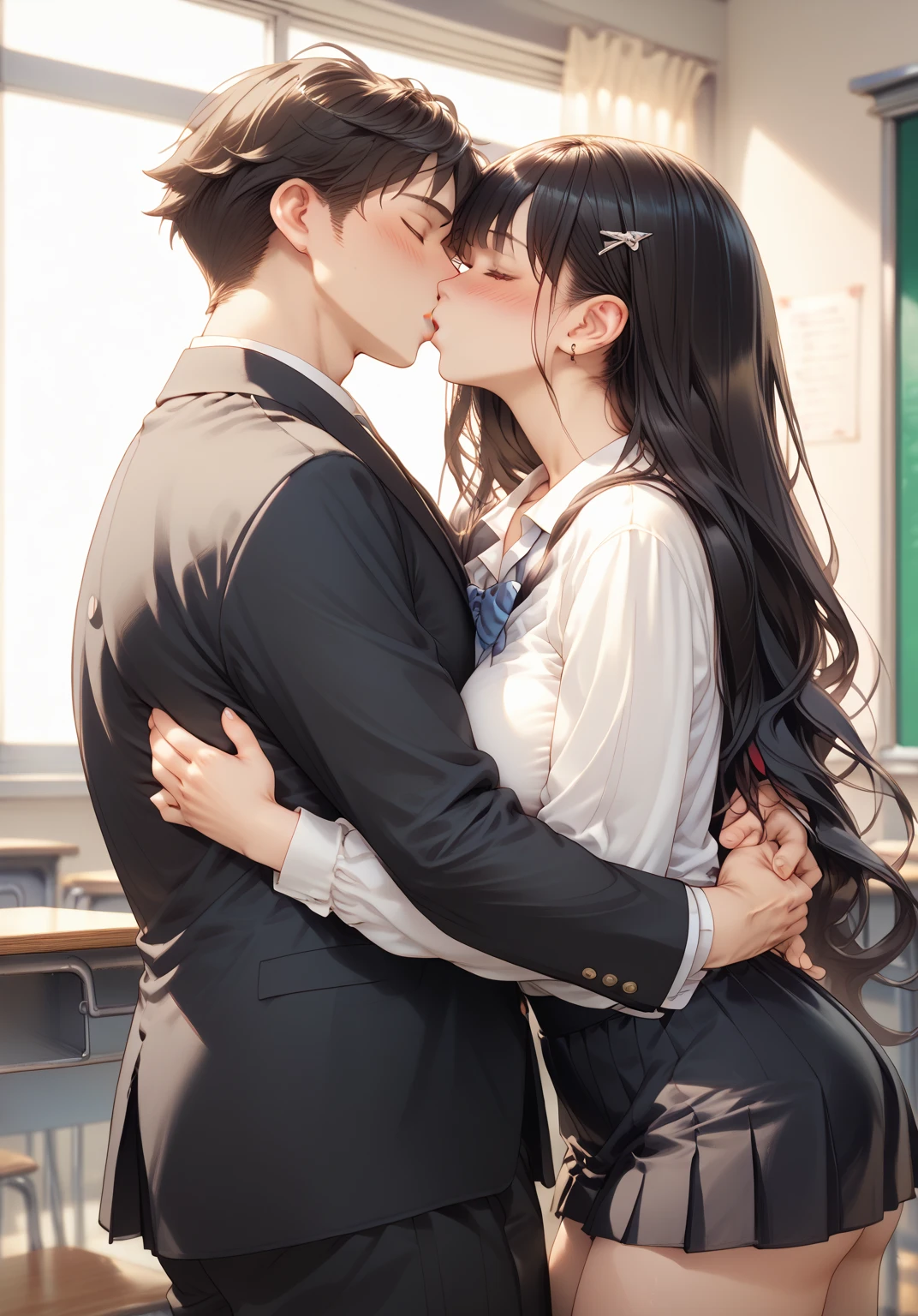  white big haired anime woman with big boobs and ass hugging and kissing a  anime boy with black hair and black clothing in classroom 