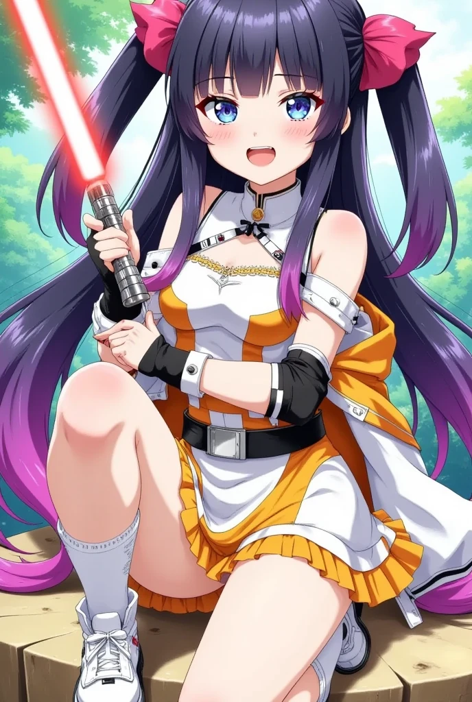 A cute anime girl wearing an outfit that combines a radish and BB-8, holding a lightsaber, colorful and vibrant, highly detailed, dynamic pose, whimsical background