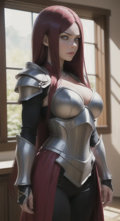 ((((masterpiece, best quality, high resolution)))), Extremely detailed 8K, Beautiful girl with voluptuous body, (Ultra HD, Ultra-detailed, Highly detailed, Highly realistic, Ultra-realistic, photograph realistic), (1girl:1.5), (Realistic red hair), (long wavy hair, hair ornaments, earrings), (dynamic poses), facing at camera, looking at viewer, (blushing red, embarrassed), (hazel eyes, sharp eyes), (big perky breasts:1.2), (beautiful detailed face, beautiful detailed eyes), ((silver armour, breasts plate, thighs armour)), (standing up), sweat, glow, (sunbeam, sunlight), ((cowboy shot)), inside dungeon, seductive
