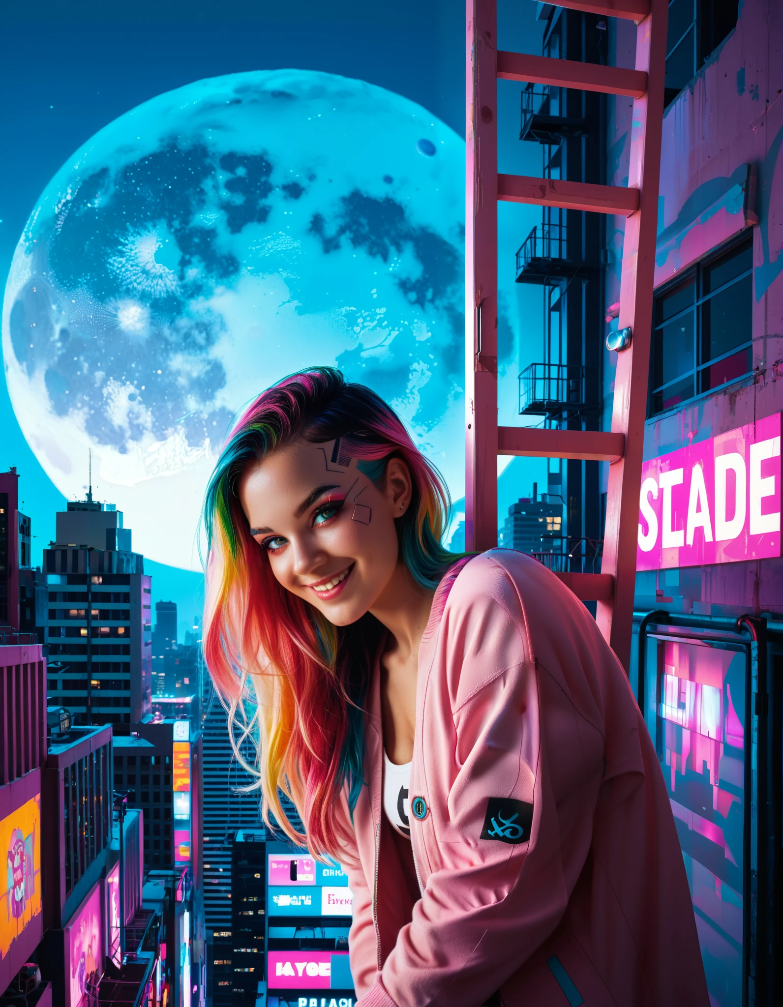 score_9, score_8_up, score_7_up,, colorful, 1girl, colorful, colorful, cyberpunk, ladder, looking at viewer, moon, multicolored hair, two-tone hair, pink theme, long hair, solo, closed mouth, limited palette, full moon, building, smile, outdoor, city lights, masterpiece, best quality, newest, very awa