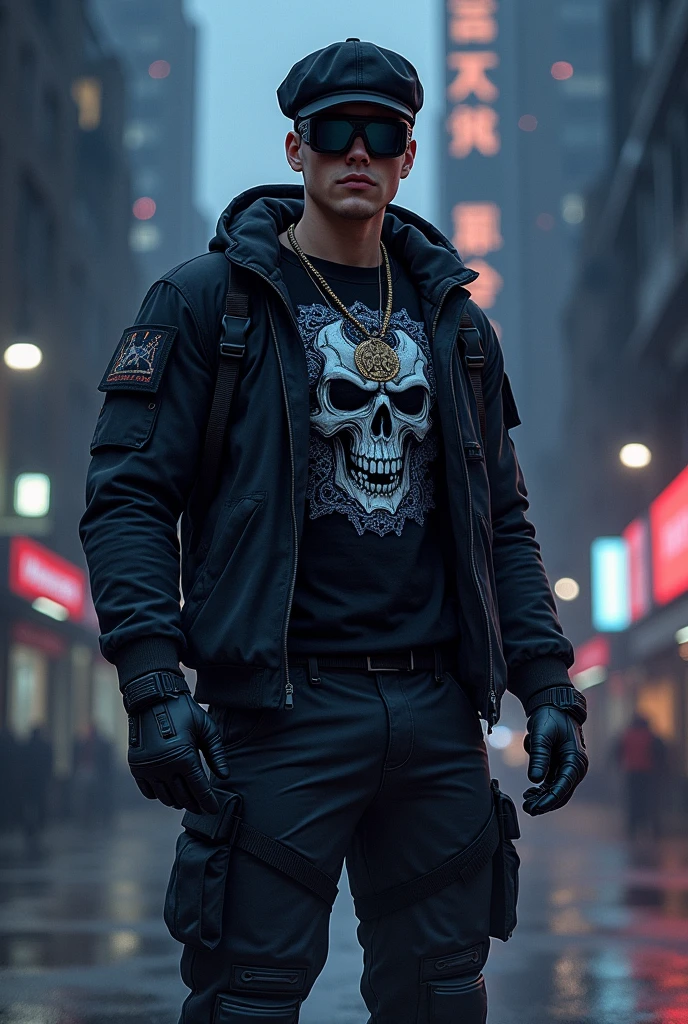 A man wearing a skull mask, dressed in a trench coat and shirt with palm trees drawn on it