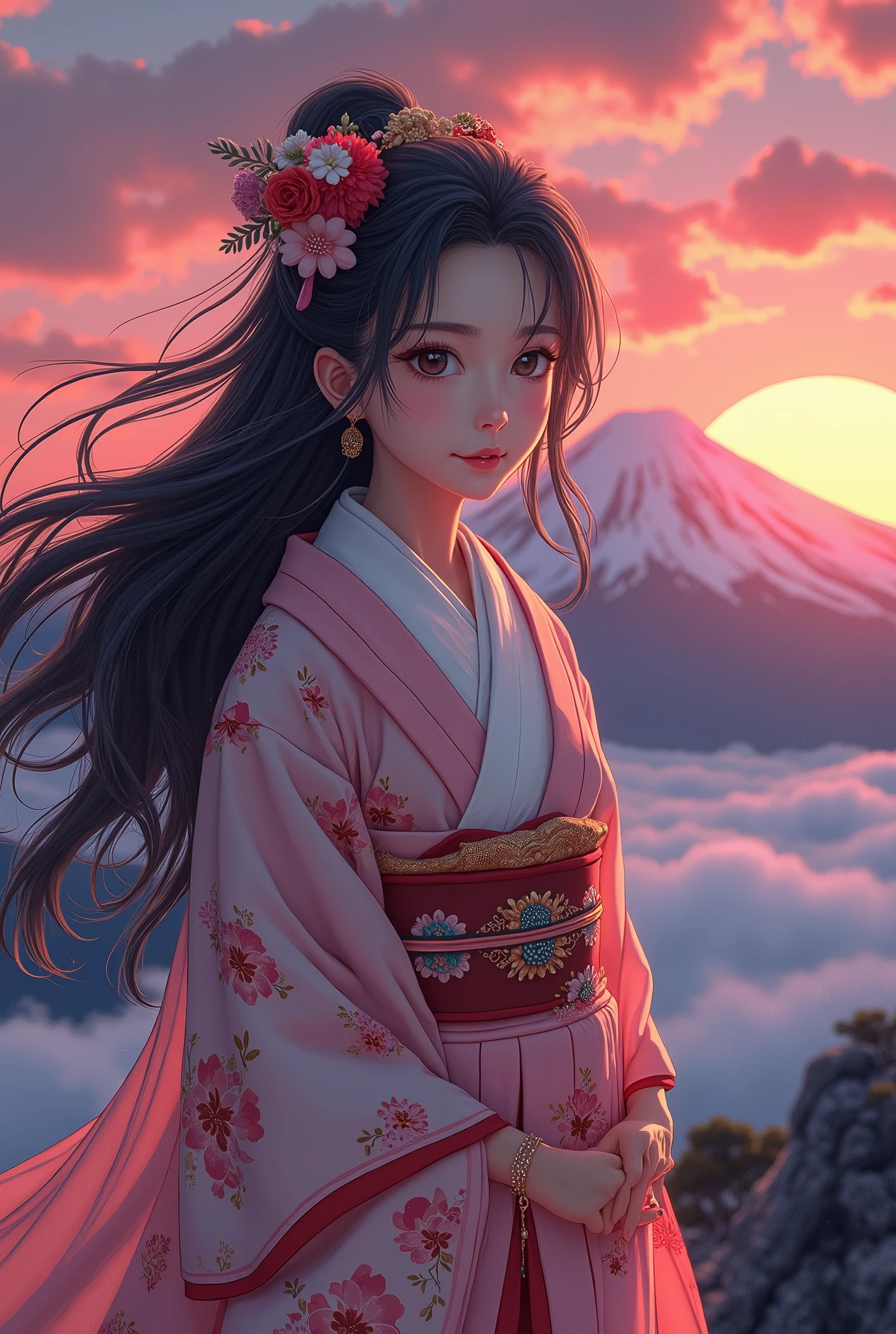 Japanese Mythology, 美しい富士Mountain Goddess, Princess Konohana Sakuya ,  the supreme god of Japanese mountain worship, Mountain Goddess,  Best Anime Beauties, Long black hair, Mt. Fuji dyed in the sunset, Anime/Mangaアート, Osamu style of Tezuka,  best quality,  high definition , 8k, Anime/Manga, Sunset beauty, 