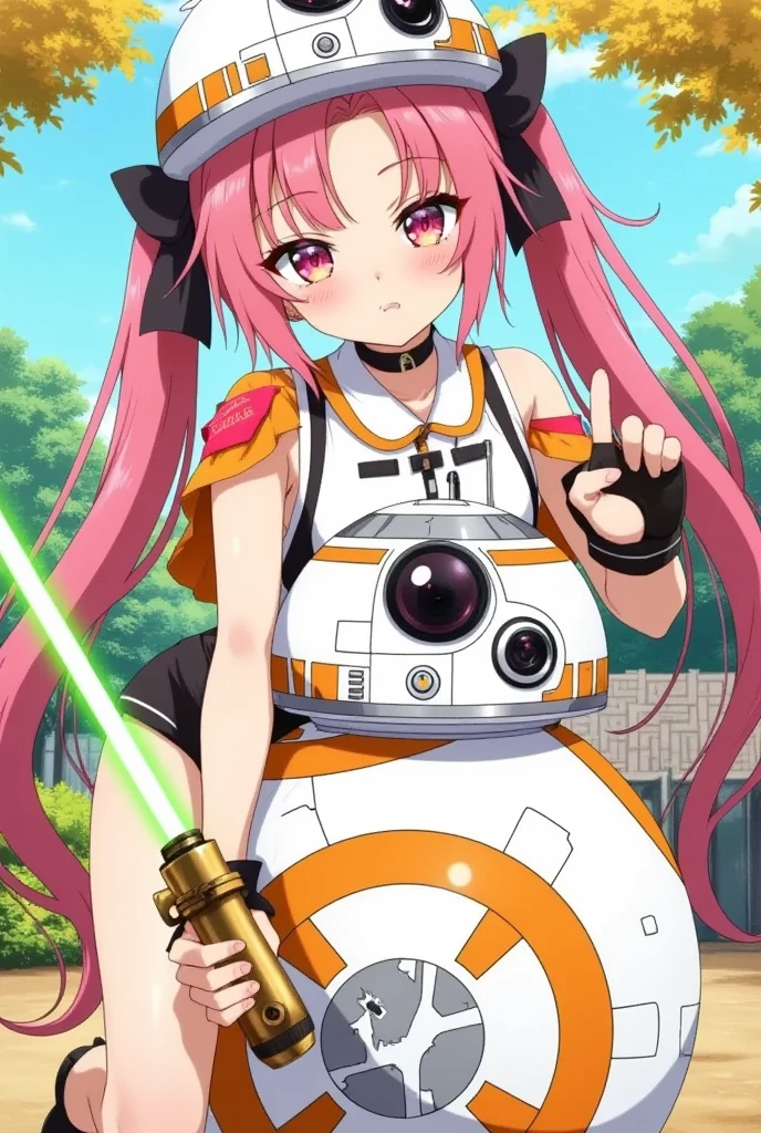 A cute anime illustration of a girl dressed in BB-8's outfit, wielding a lightsaber, and resembling a radish. The character should have big expressive eyes, vibrant colors, and a playful pose, set against a whimsical background、daikon