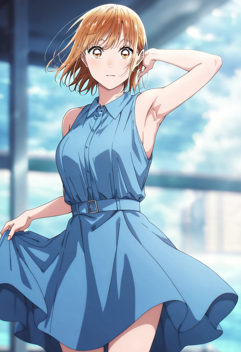  1 girl, Alone, Chinatsu,  Blurry Background,  Blue Dress 、aquarium、pink sacoche、looking at viewer, masterpiece,  top quality,  great quality,   very aesthetic ,  absurd、Armpit