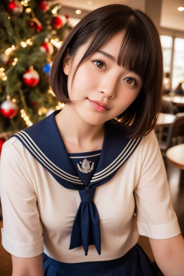  top quality,  face focus,  soft light,  super high resolution , ( photo realistic:1.4),  RAW photos ,  1 Japanese Girl , solo, cute, ( Embarrassing Smile:0.5), ( brown eyes,  light in the eye),  detailed and beautiful face, ( small breasts), ( high-resolution details of human skin texture), ( short bob hair ), break, Cafe with illuminated Christmas trees,  navy blue sailor suit ,  skirt 