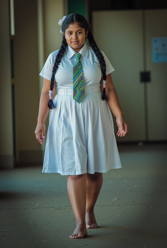 beautiful cute Sri Lankan school girl, in barefoot, Large breast size , 20 years old, wearing a white frock and a colored tie. She has plaits, black braided long hair, cinematic lighting, glowing, movie filter, moody effect, thick body, beautiful Indian face, walk away form the viewer, looking back, in a corridor, sad face