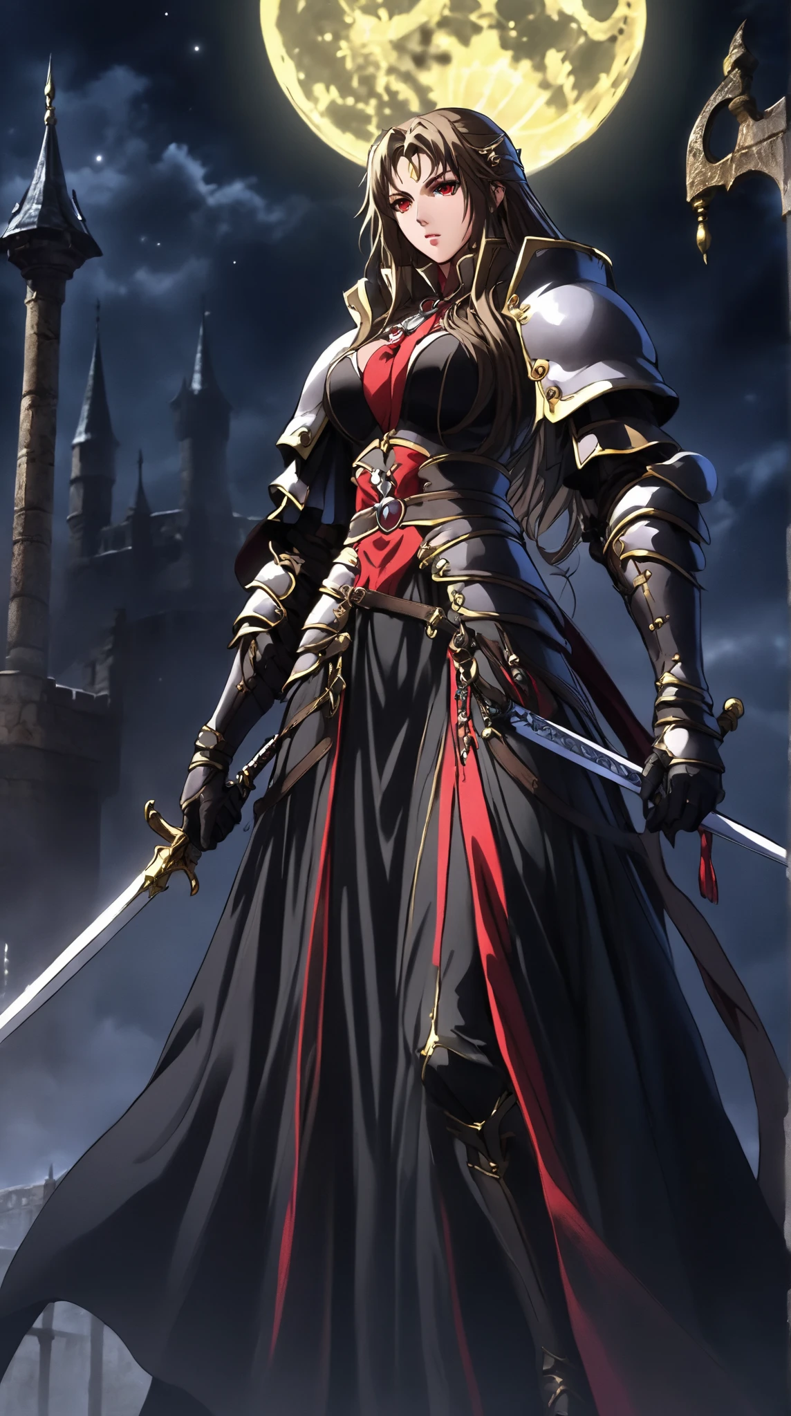 masterpiece,  best quality,  high detail,  Fantasy Medieval ，Castlevania， Beautiful Female Warrior ， red eyes ，Small Mouth，bangs, long hair, head jewelry，Big breasts， Wearing a Black Dress，Bare Belly， Black Cloak ，  Black Armor Gloves ， Black Armor Shoes ， Moon Stripe Design ，masterpiece， Glowing All Over the Body ，Handheld Sword ， is very detailed， Appears in the Moonlight ，quality, Shine Effect , , 