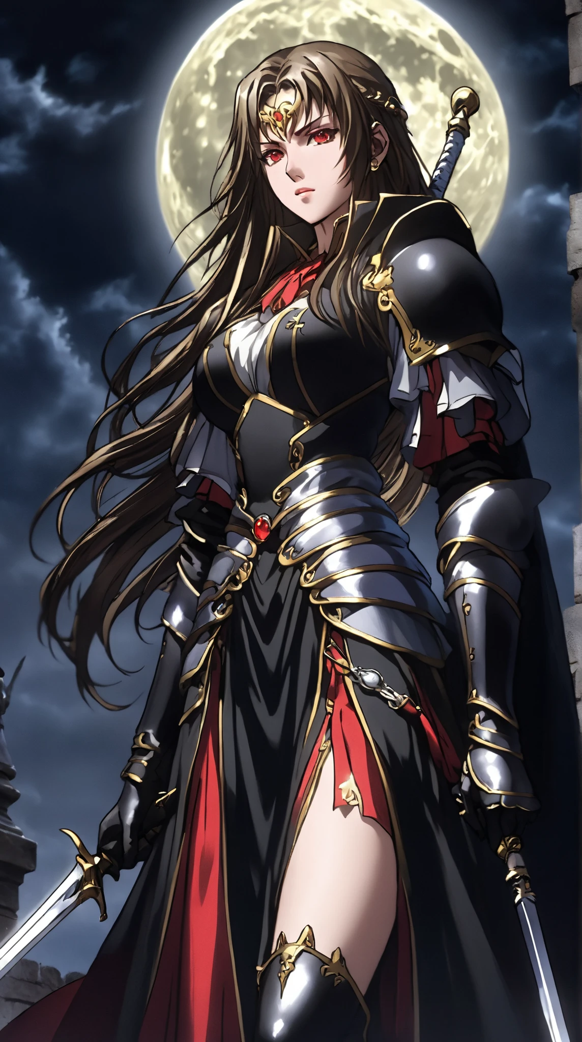 masterpiece,  best quality,  high detail,  Fantasy Medieval ，Castlevania， Beautiful Female Warrior ， red eyes ，Small Mouth，bangs, long hair, head jewelry，Big breasts， Wearing a Black Dress，Bare Belly， Black Cloak ，  Black Armor Gloves ， Black Armor Shoes ， Moon Stripe Design ，masterpiece， Glowing All Over the Body ，Handheld Sword ， is very detailed， Appears in the Moonlight ，quality, Shine Effect , , 