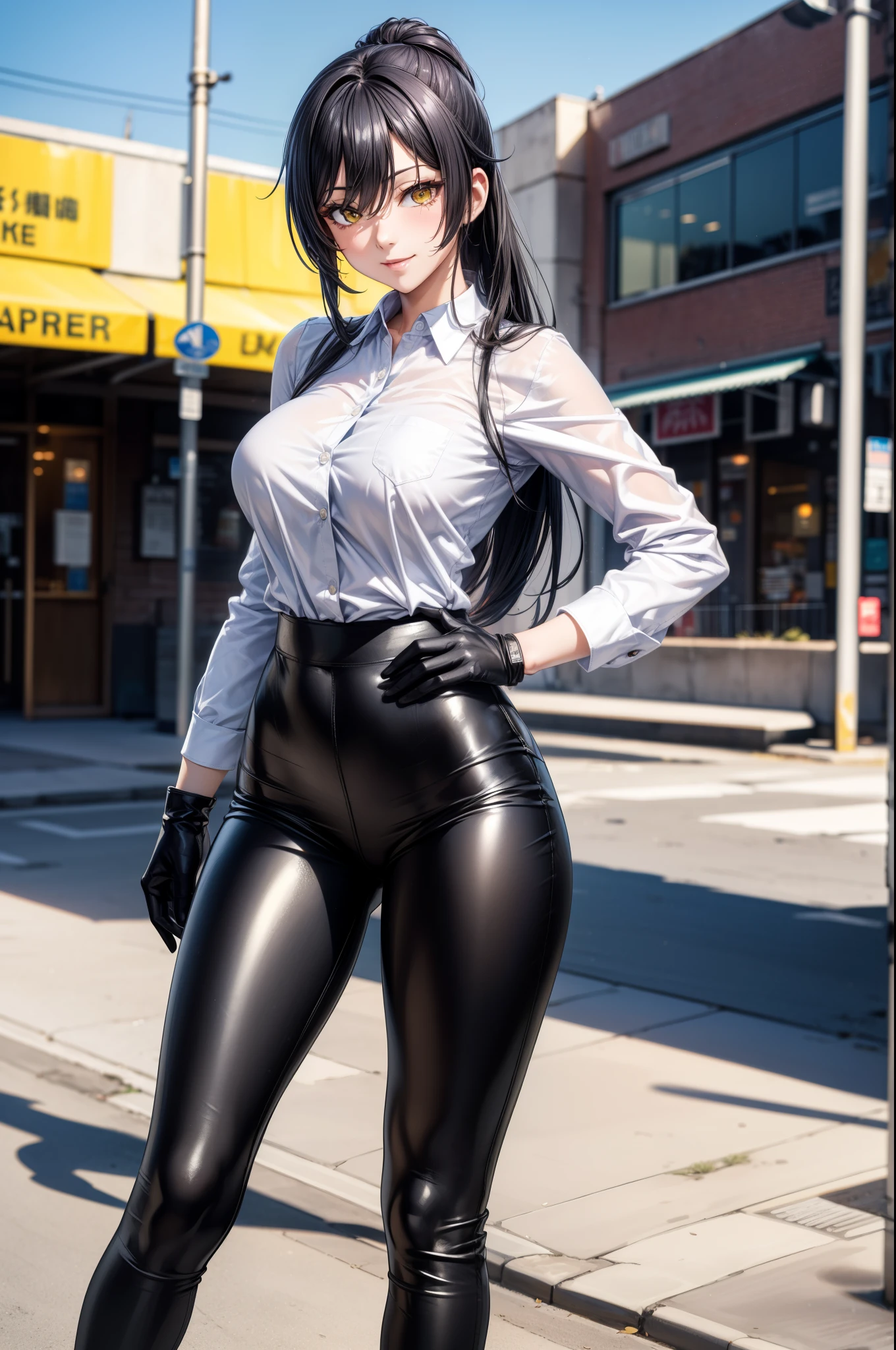 (Yaedef :1.4), 8K, highres, ultra detailed , ( Masterpiece:1.4), Best Quality , Sakuya Shirase, symmetrical body, beautiful, Alone, standing, dynamic pose , seen from behind , culo perfecto, looking at the spectator , Tender smile, long ponytail black hair, detailed face , looking at the spectator ,, beautiful eyes, amber yellow eyes, ( white collar shirt :1.4), long black gloves , ( shiny black leggings), black leather boots , Park, angled view, perfect breasts , badass anime girl , bright clothes