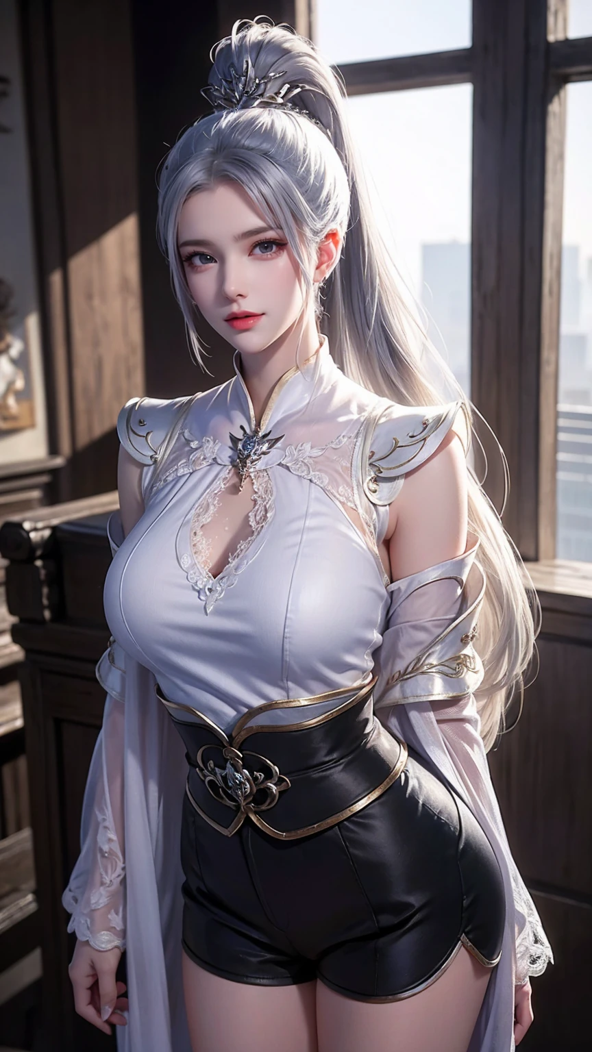 a white hair、Close-up of woman wearing white mask, Beautiful character painting, Guweiz, Gurwitz-style artwork, White-haired god, author：Yang Jie, Epic and beautiful character art, Stunning character art, author：Fan Qi, by Wuzhun Shifan, pixiv art street guweiz, Single ponytail, ??????, High Ponytail, tall and big, Long legs, (Sleeveless lace shirt), (shorts), (Striped )), ((Striped )), Walk, elegant, dignified, woman, Beautiful curves, sweet smile, Strong sense of detail and layering, Rich and colorful colour, Has a unique texture, Colorful, colour, vivid, design art, 16K, Ultra Detailed, {{illustration}}, {Extremely refined}, {Exquisite surface treatment}, Ultra Detailed, Delicate and shining eyes, {{Movie Lighting}}, Extreme lighting effects, model: Realism, CFG size: 12, Laura: Bright texture (1.35), high quality, masterpiece, Exquisite facial features, Delicate hair depiction, Detailed depiction of the eyes, masterpiece, best quality, Ray Tracing, Extremely detailed CG unified 8k wallpaper, masterpiece, best quality, (1 girl), Perfect woman figure, (((tight white t shirt))), beautiful eyes, (Delicate face), Black short hair, Tie your hair up, Light blue hairpin, Black Silk Frame Glasses, In class, (White skin), (Optimal lighting), (Super intricate details), 4k unity, (Ultra Detailed CG), Showing off her white legs, , Hot Pants, shorts,
