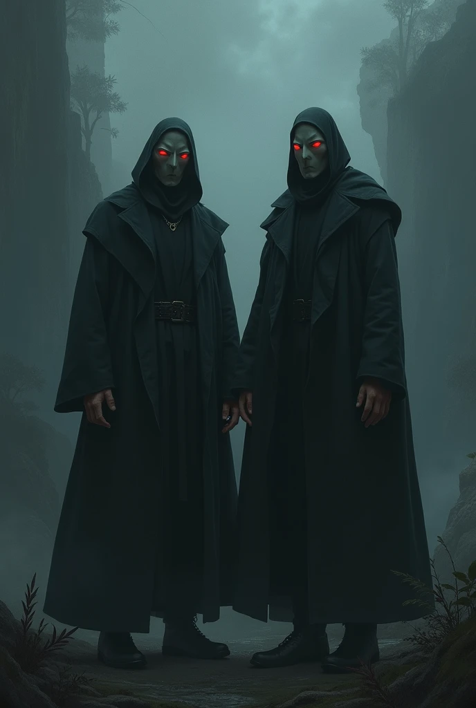 Generates an image with a low perspective at knee height. There are 8 people in sectarian clothing. The first person is a nun with her eyes completely covered by her own veil while she sticks out her tongue.. The second person is a half-zombie woman who is smiling and has her hair tied up.. The third person is a very tall woman who is covered in a completely black blanket.. The fourth person is a sun-headed man who smiles tightly in a mocking tone while holding a sword.. The fifth person is a woman with short hair and very noticeable circles under her eyes who is wearing black armor and looks upset.. The sixth person is a short woman with short white hair who is blind and is holding a book.. The sixth person is a shirtless man with burn scars who wears a fox mask.. The seventh person is a very thin man with long dirty green hair who looks like a zombie and has two short red scythes in his hands and the seventh person is a mysterious woman with a black robe and hood that covers half of her face.. They are very gloomy