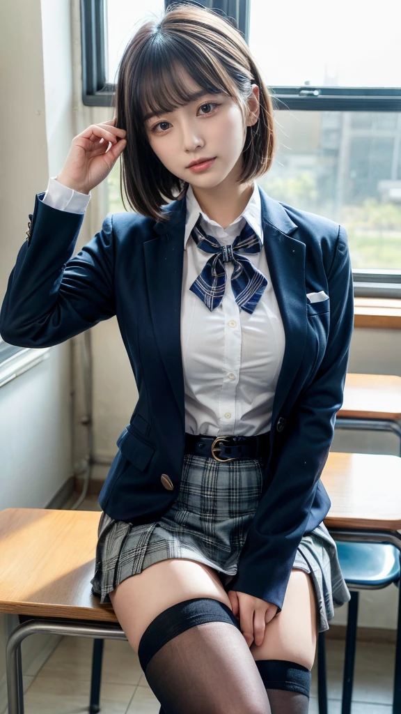 top-quality,ultra - detailed,tmasterpiece,hentail realism,Photorare,Bright lighting,1 girl in, an extremely beautiful 17-year-old girl, (kawaii:1.6),Thin smile, (Brown eyes),(dark brown hair),(By bangs),perfect glossy shiny skins,flawless skin,((erotick,Sexy and sexually explicit)),((Exact pointers,No discomfort)), large full breasts,big breasts thin waist, looking at viewert,((Blazer Uniform)),((Long sleeve uniform white shirt)),(Navy blue tie),(Navy blue miniskirt、No slit),(((Skirt lift with their own hands))),(lifted by self),(She shows her panties.),Panties with lace,Panty Focus,(Sit up,Spread your legs apart)), sockes, (Black socks),(Loafer shoes), In the daytime,Schools、Classroom、Desks are lined up in the classroom,School Chairs、