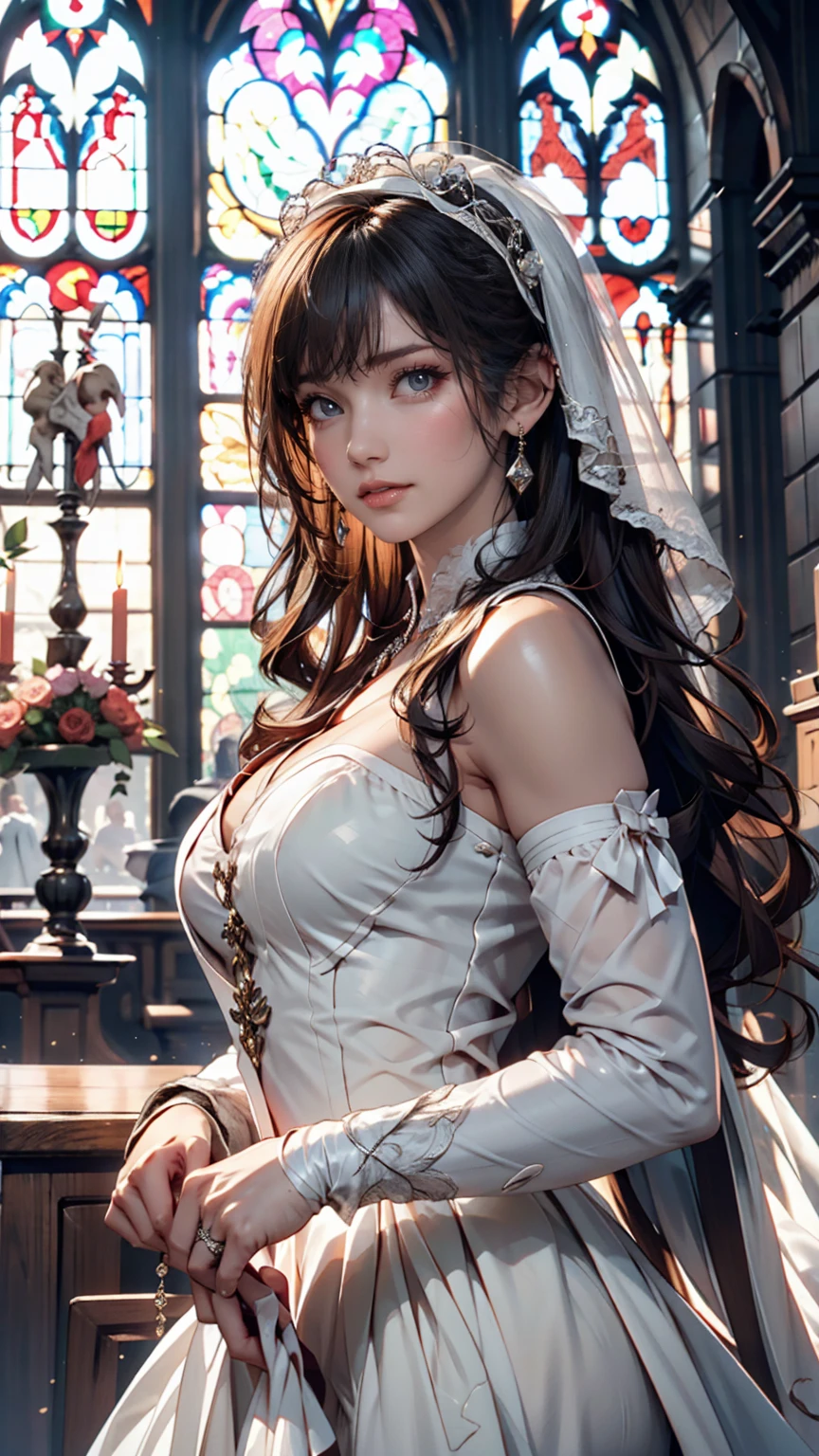 (Highest quality,4K,8K,High resolution,masterpiece:1.2),Very detailed,(Realistic,photoRealistic,photo-Realistic:1.37),Aerith、FF7, 1 Girl, alone, Long Hair, chest, Looking at the audience, large chest, Brown Hair, dress, bow, ribbon, jewelry, medium chest, Green Eyes, hair ribbon, Braiding, flower, hair bow, Side Lock, parted 唇, Open clothes, bracelet, , Braidinged ponytail, Realistic, nose, Speckled sunlight, Leaning forward, close your eyes, Mouth closed, Hands together in prayer pose、Inside the church, Inside the chapel, Stained Glass Windows, A composition illuminated by light from the ceiling.Completely naked、All Nude