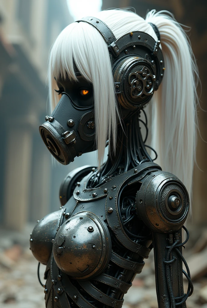 (masterpiece:1.2,high quality), 1girl, ((ultra realistic details)), global illumination, shadows, Unreal Engine, octane render, 8k, ultra sharp, metal, intricate, ornaments detailed, highly intricate details, yellow eyes, (mechanical body:1.2), white hair, (black gas mask), Gear, bob cut, hundreds of wires, Terran, (Robot, android:1.15), Apocalypse, broken buildings