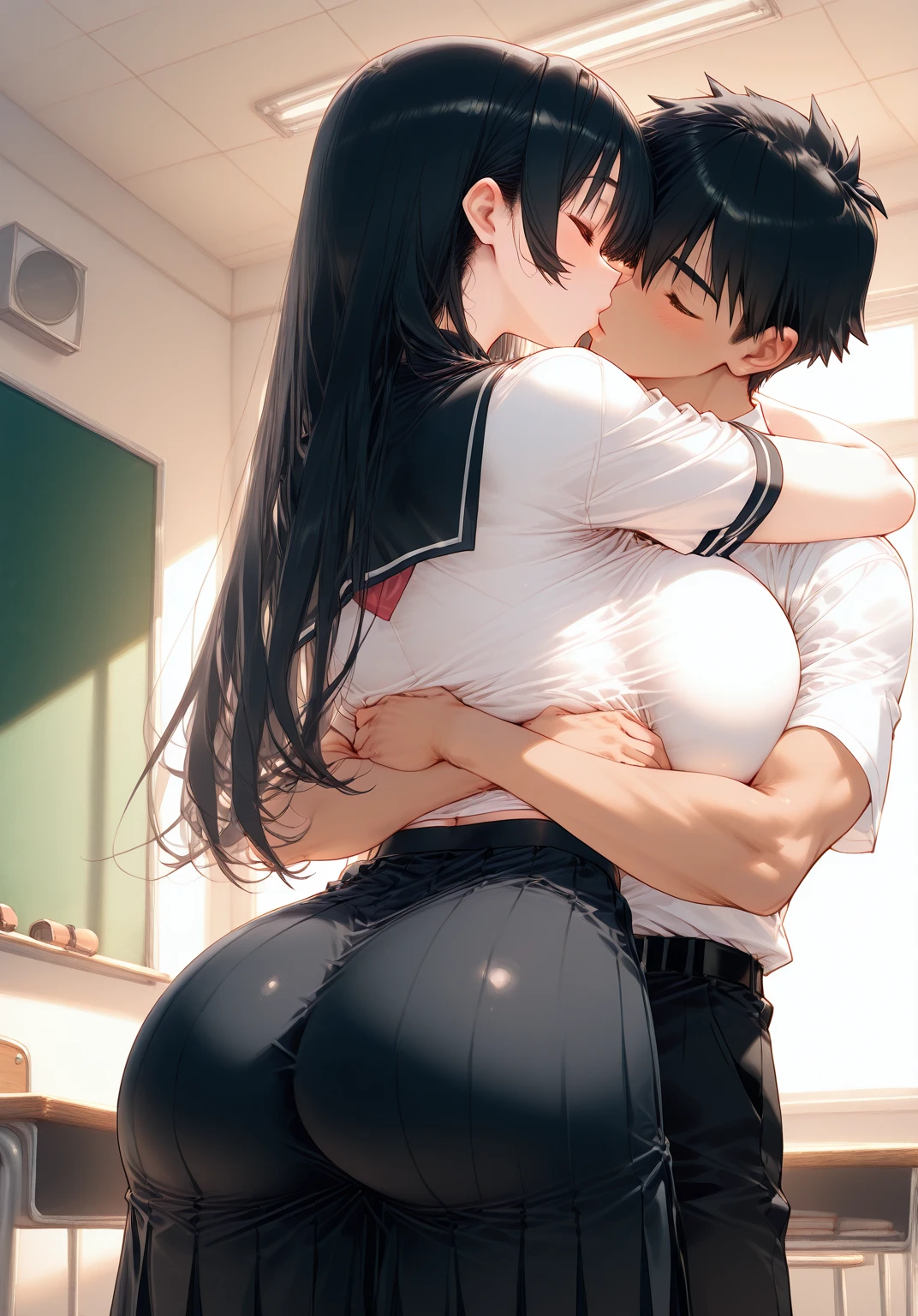  white big haired anime woman with big boobs and ass hugging and kissing a  anime boy with black hair and black clothing in classroom 