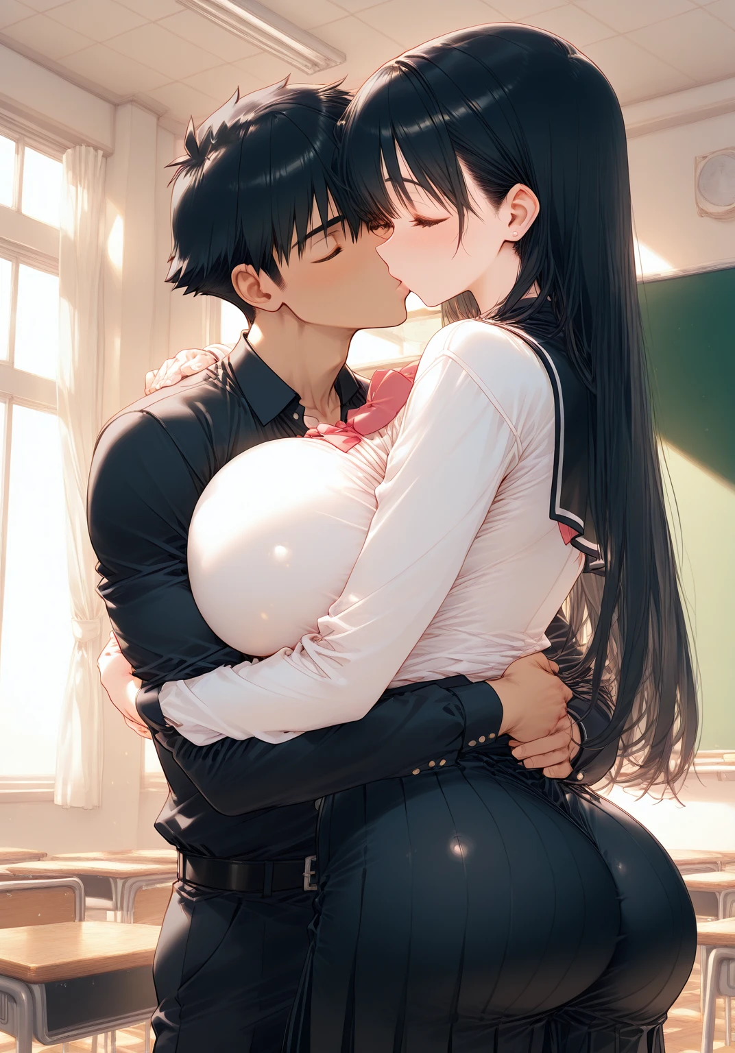  white big haired anime woman with big boobs and ass hugging and kissing a  anime boy with black hair and black clothing in classroom 