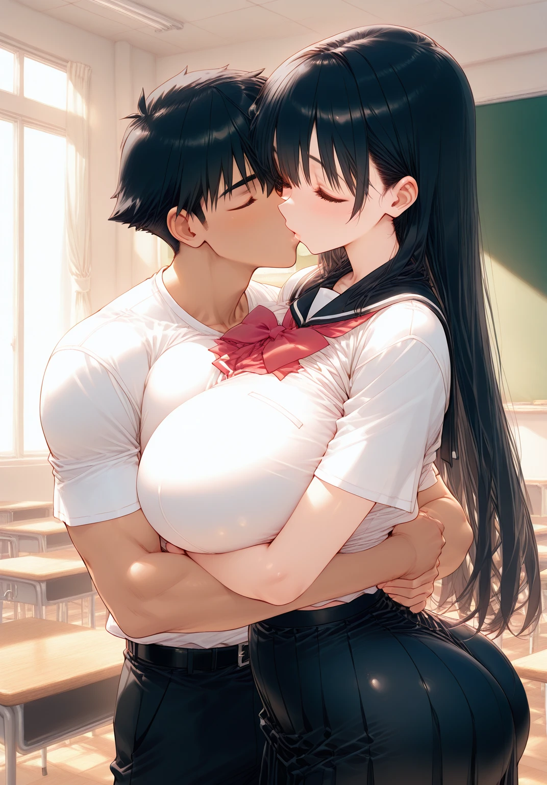  white big haired anime woman with big boobs and ass hugging and kissing a  anime boy with black hair and black clothing in classroom 