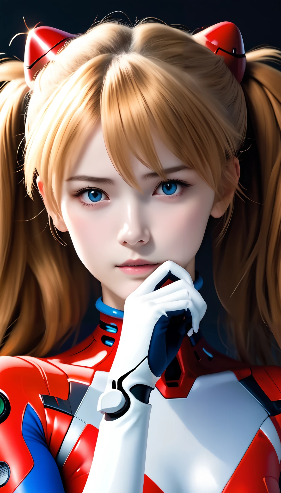 ((( realistic )))   photos, masterpiece,  top quality,  One Girl ,  thin waist,  top quality,  blue-white skin,  Soryu Asuka Langley, Plugsuit 02,  black background, ( 's meticulous face and eyes:1.1), Conceit, , ((shy)),  very delicate and beautiful girl ,  dynamic pose , (to8contrastスタイル), 