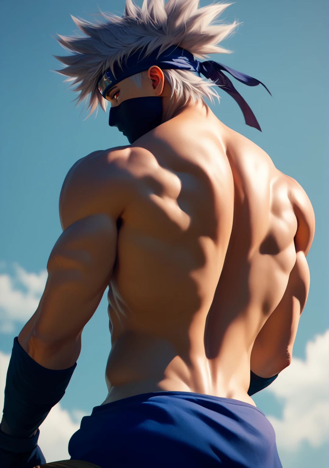 score_9, score_8_up, score_7_up, score_6_up, score_5_up, 1boy, kakashi, grey hair, covered mouth, mouth mask, red eye, scar across eye, forehead protector, from below, from behind, big thigh, long happy trails, back focus, muscular male, nude, blue pants, shirtless, full back