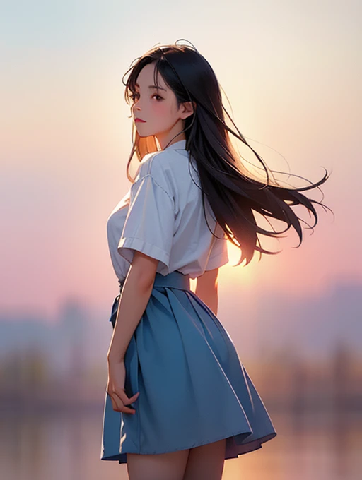 female, young adult,  look into the distant sky ,  looks up,Look Up,nostalgic expression , behind your back,blouse, skirt, cowboy shot, side shot,Sunset light, no background,White background,watercolor,soft surface, soft lines, nostalgic atmosphere,Strongly blur the surroundings