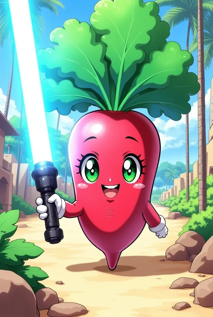 A cute anime illustration featuring a lightsaber shaped like a radish, with a character resembling a radish person wielding it. The character has big expressive eyes, a cheerful expression, and colorful, vibrant surroundings. The lightsaber emits a bright, glowing light, contrasting with the whimsical theme