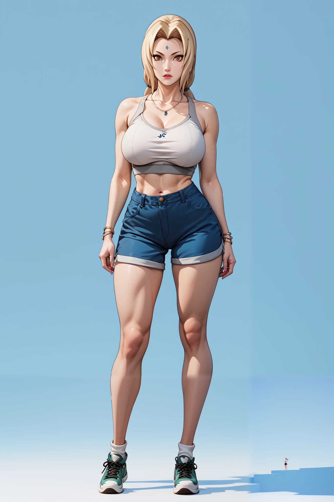 1girl, short orange hair, black-green eyes, tank top orange, blue shorts, black footwear, deep cleavage, large breasts, outside, sunny day, realistic, glowing eyes, full body, navel, muscular girl, thigh, 18th years old, big muscle, smile, city