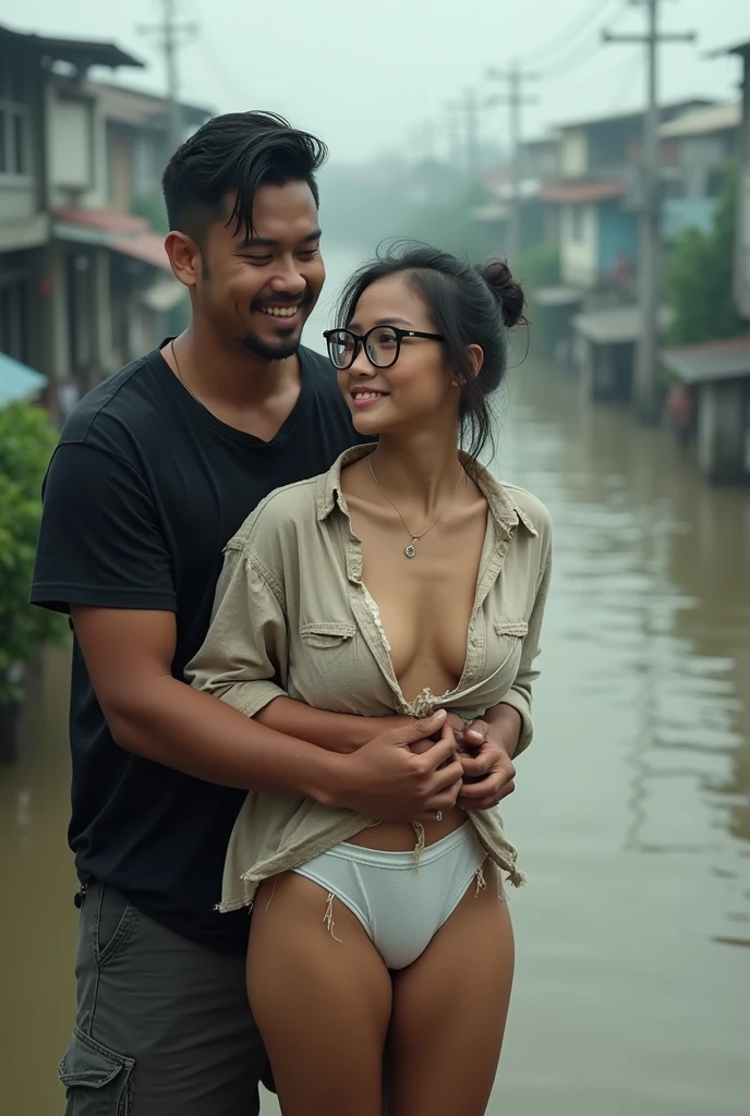 An image captured depicts a tall, athletic Indonesian man of fair complexion wearing a short white batik sarong. He is carrying a nudist young woman also fair-skinned, with ample bosom, on his shoulders. In the scene, there is heavy rainfall accompanied by strong winds and lightning flashes, soaking them both. They are seen affectionately holding hands, sharing kisses, and engaging in intimate activities.