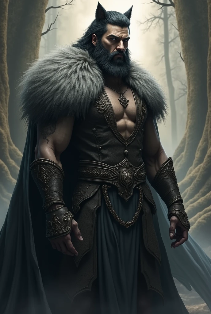 A hero with a sheep&#39;s head and a human body. large horns on the head. cane in hand