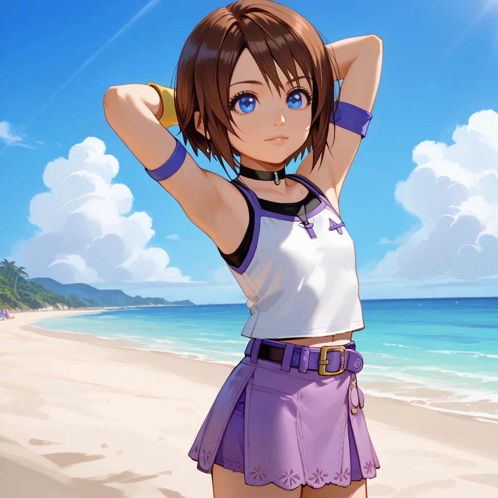 score_9, score_8, score_7, BREAK, kairi_kh1, flat chest, cute, brown hair, short hair, blue eyes, wrist band, choker, belt, tank top, skirt, cute, hands behind head, beach, natural lighting