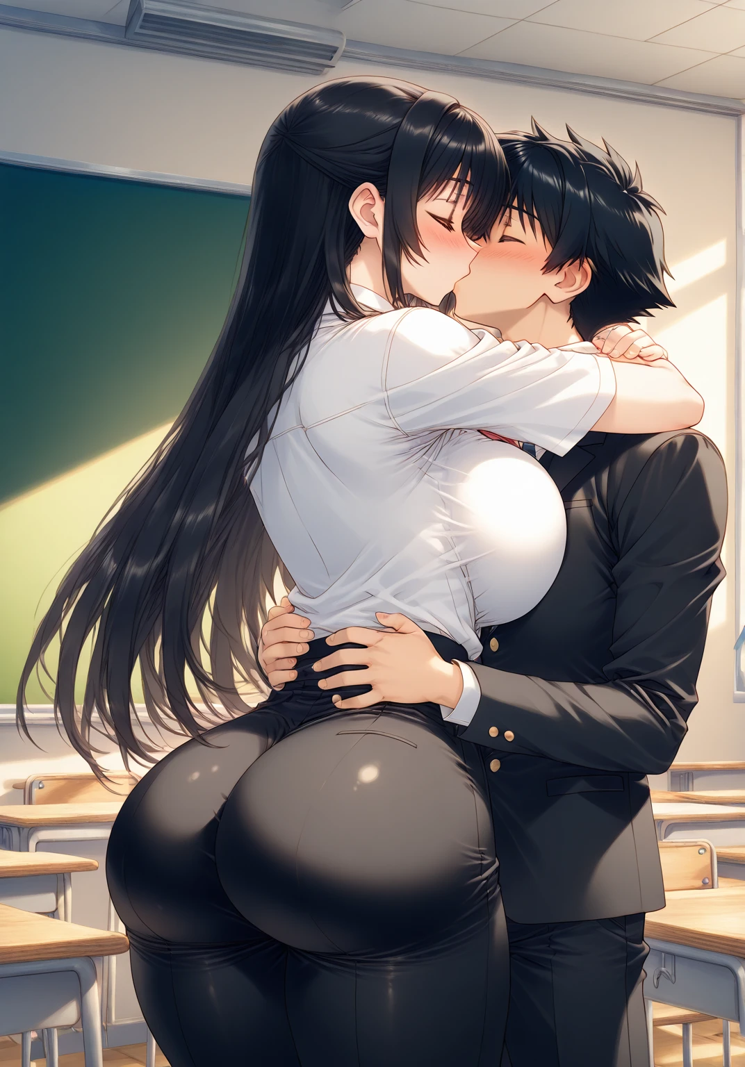  Big haired white anime woman with big ass hugging and kissing an anime boy with black hair and black clothes in the classroom 