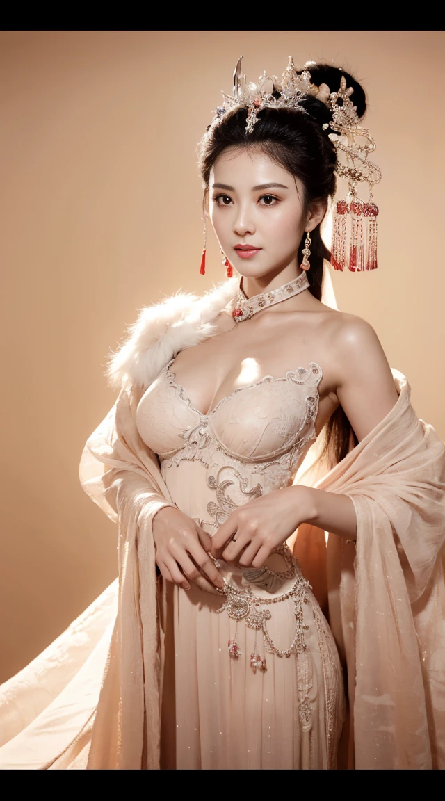 masterpiece, best quality, 1 girl, ((Large Breasts), Long hair,(Siamese transparent black silk),(Black silk breasts with jewels forming five circles, ),Looking at the audience, (precise、Perfect face shape:1.3),(Beautiful five fingers),(Crotch front display),Ultra HD,Ray Tracing,,reflected light, Correct structure,The award-winning,High Detail,Reduce shadow contrast,Facial lighting ,Cinema Lighting,masterpiece,Super Detail,high quality,High Detail, best quality,16K,High contrast,Close-up of woman, A young woman plays, Chinese Empress, yun ling, song nan li, , gujian, zhao yun, Chinese Princess
