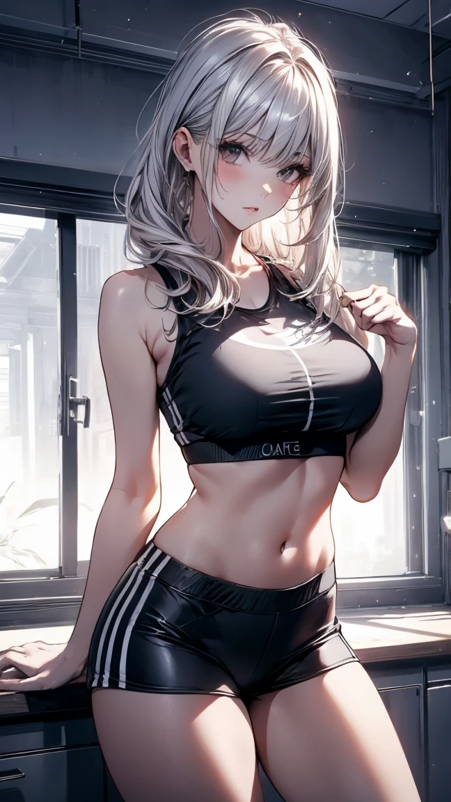 最high quality、best image quality、masterpiece、teenage girl((20-year-old、 By becoming、vest bust、medium bust,wide open breast tea、black eye, blonde hair、long hair、thin,highest valley、blue sports bra(1:2)、Blue sports pants、Pose that emphasizes the chest、sweating、scattering of sweat、Flushed body)),high quality、beautiful art、background((virtual studio、Live feeling))debris flies、Depth of written boundary、movie、visual art、perfect art、8k,genuine、