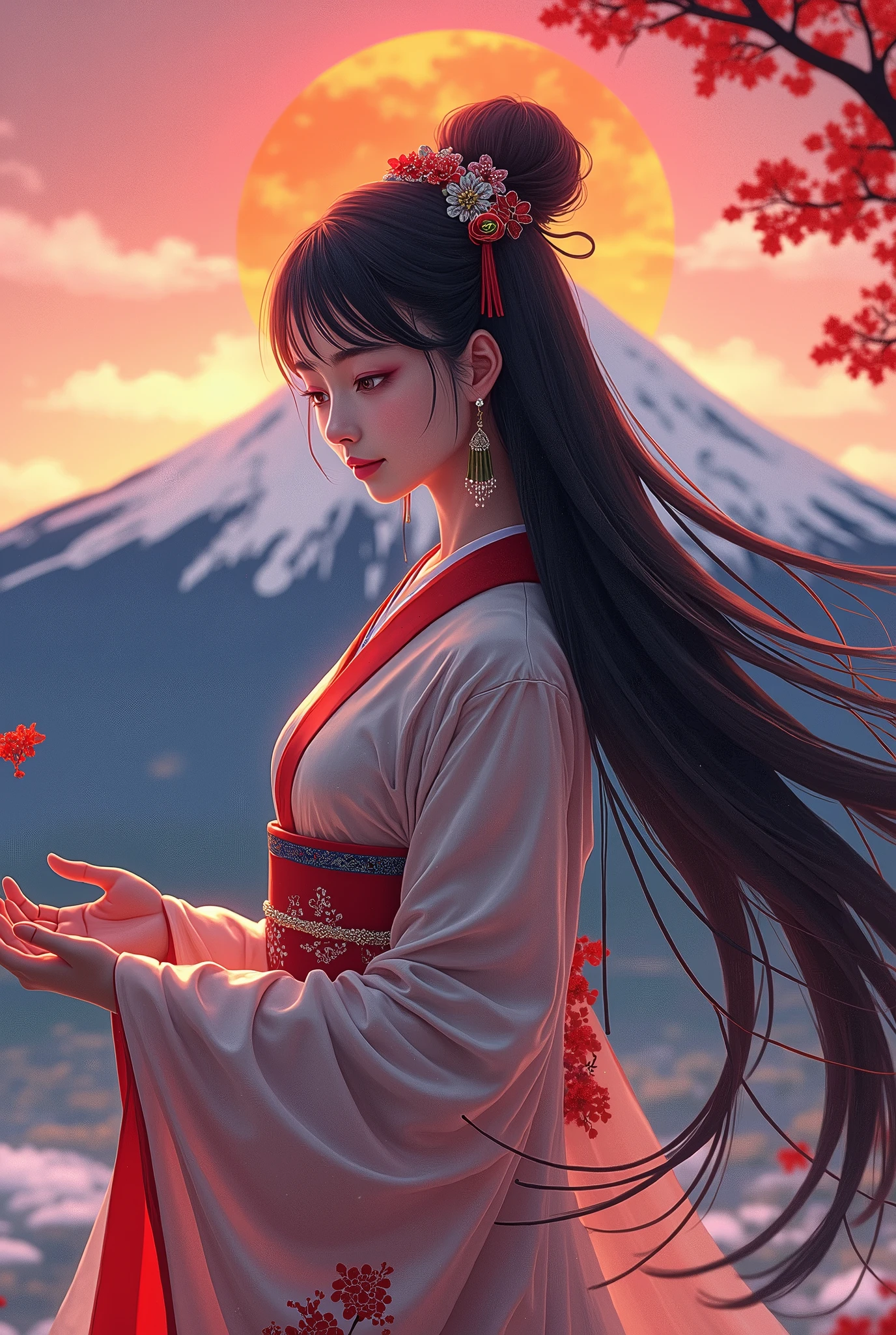 Japanese Mythology, 美しい富士Mountain Goddess, Princess Konohana Sakuya ,  the supreme god of Japanese mountain worship, Mountain Goddess,  Best Anime Beauties, Long black hair, Mt. Fuji dyed in the sunset, Cartoon Art, Osamu style of Tezuka,  best quality,  high definition , 8k, Anime/Manga, Sunset beauty, The background is Ukiyo-e painting style , 