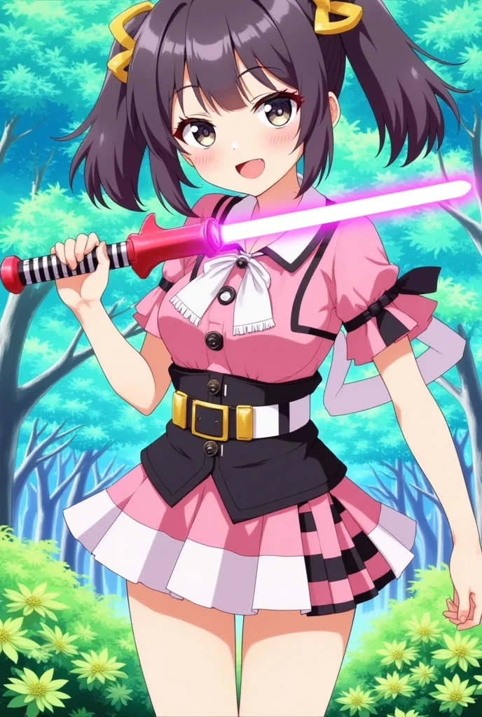 A cute anime illustration featuring a lightsaber shaped like a DAIKON,with a character resembling a DAIKON person wielding it.The character has big expressive eyes,a cheerful expression,and colorful,vibrant surroundings.The lightsaber emits a bright,glowing light, contrasting with the whimsical theme