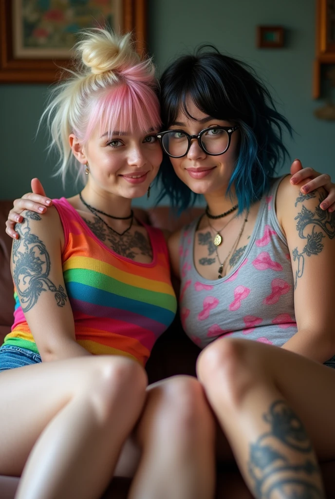 2 white tomboys european girls wearing stockings (1 ginger and 1 purple hair) showing the butt, medium Butterfly Cut hair, red hair, messy hair, big eyelashes, radiant smile, full body photo, 8k photo, tattoos, slim body, realistic,, arm full of tattoos, oiled up body, high details, cute face, girl, slander, best quality, photorealistic, topless, perfect eyes, tomboy, freckles, fringes, at the Champs-Élysées, tomboy, bow tie, distant focus, no chest, red lipsticks, red lips. naked, feeling pleasure, perfect crystal blue eyes , separated bodies and arms, nude, show the butt,