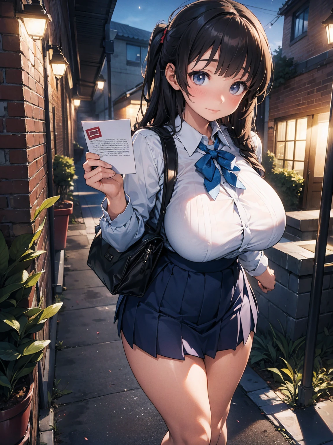 a young female middle school student with large breasts handing a love letter to a man, embarrassed expression and gestures, night school courtyard, happy atmosphere, realistic, surreal description, UHD, 16k