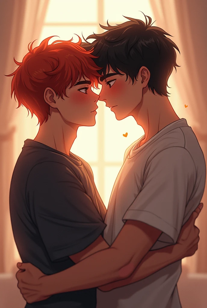 Create a book cover featuring two men hugging each other., They both have 16, One is redhead and the other is brown-haired, pale skin
