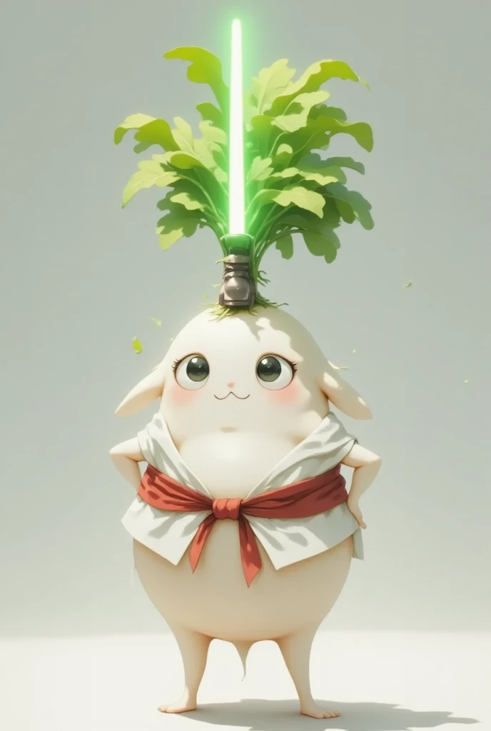 A cute anime illustration featuring a lightsaber shaped like a DAIKON,with a character resembling a DAIKON person wielding it.The character has big expressive eyes,a cheerful expression,and colorful,vibrant surroundings.The lightsaber emits a bright,glowing light, contrasting with the whimsical theme