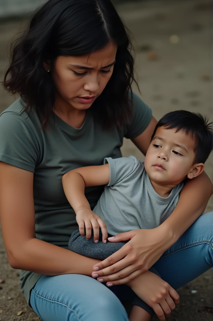 A young boy sitting on his mother's lap in a school, realistic, hyper detailed, high quality, intricate details, masterpiece, photorealistic, extremely detailed face and eyes, beautiful detailed lips, long eyelashes, tender expression, warm lighting, soft colors, intimate embrace, outdoor scene, plush bedding, sunlight filtering through windows, main focus mother and son, 1 woman has big thighs, mother and son's close relationship, where's the young boy at?, younger brother, shorts, black white skirt