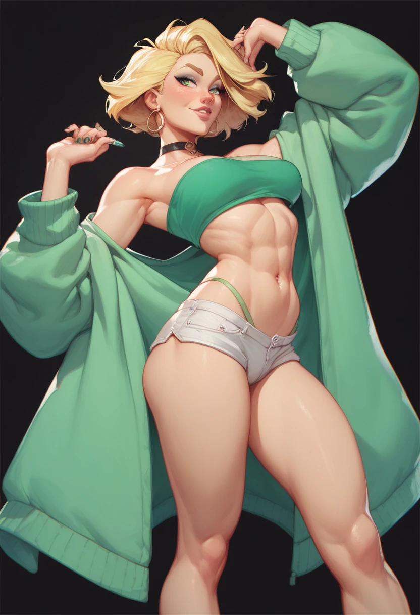 ((Black line work)), detailed line work, slendered abs, ((masterpiece)), ((proportion Aurea)), ((Dynamic)), ((natural)) ((best quality)), ((ultra-detalhado)), ((Jade Cargill)), {1mulher}, {silver hair}, {short hair}, { character}, olhos azuis, {{sexy}}, seios grandes , (roupa casual), {pubic_tatuagem, tatuagem brilhante}, {{anatomia perfeita}}, {{scenecy: jardim fantasy}}, {fundo com desfoque}, mudo, Bottom-up view, perfeito:1.2