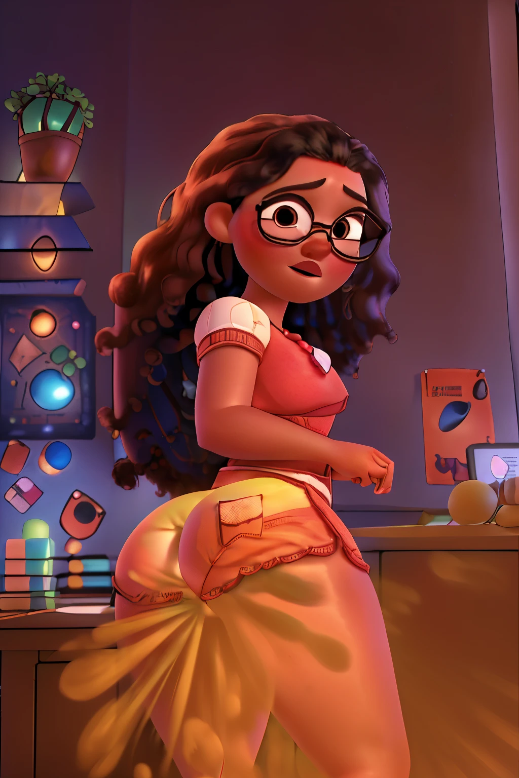 depth of field, perfect lighting, light particles, female, human, human face, (sexy, bimbo, bubble butt, brown skin, curly hair, very attractive, glasses) solo, indoors, (butt facing viewer), ((office worker clothing)), (((farting))), macro,