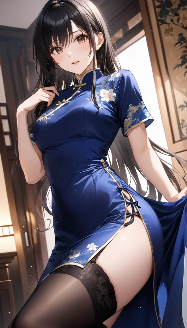   top quality、   Unity 8K Wallpaper 、32K、masterpiece、  very detailed with crimson hair、   super high resolution 、  very detailed with crimson hairな顔、  RAW photos 、 Professional、Ultra-detailed painting、 Female 1 person 、 cleavage、 Shiny Navy Blue Long China Dress,  Shiny Silk Fabric with Slits 、、  black hair、  brown eyes 、  long hair、、  stockings、  garter belt、 Blue Stiletto Heels  、Peek Into the Slit 、 ガーター stockings