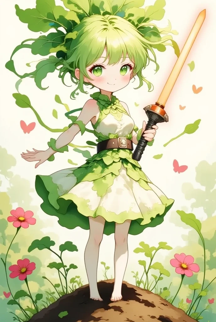 A cute anime illustration featuring a lightsaber shaped like a DAIKON,with a character resembling a DAIKON person wielding it.The character has big expressive eyes,a cheerful expression,and colorful,vibrant surroundings.The lightsaber emits a bright,glowing light, contrasting with the whimsical theme