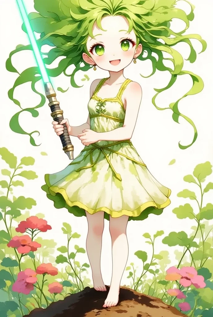 A cute anime illustration featuring a lightsaber shaped like a DAIKON,with a character resembling a DAIKON person wielding it.The character has big expressive eyes,a cheerful expression,and colorful,vibrant surroundings.The lightsaber emits a bright,glowing light, contrasting with the whimsical theme