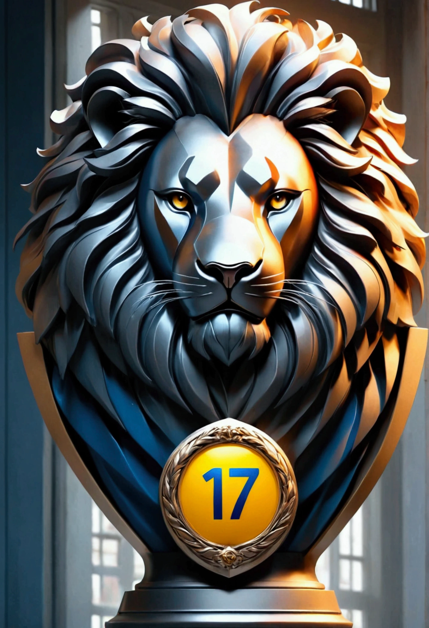   Create a logo with the number 17 and a lion ,  Make a creative design  ,   the number uses a red 3d  , Use colors like blue  ,   style and maybe something yellow  ,   the lion that is strong white imposing a lion that represents greatness,   security that looks like a trophy  