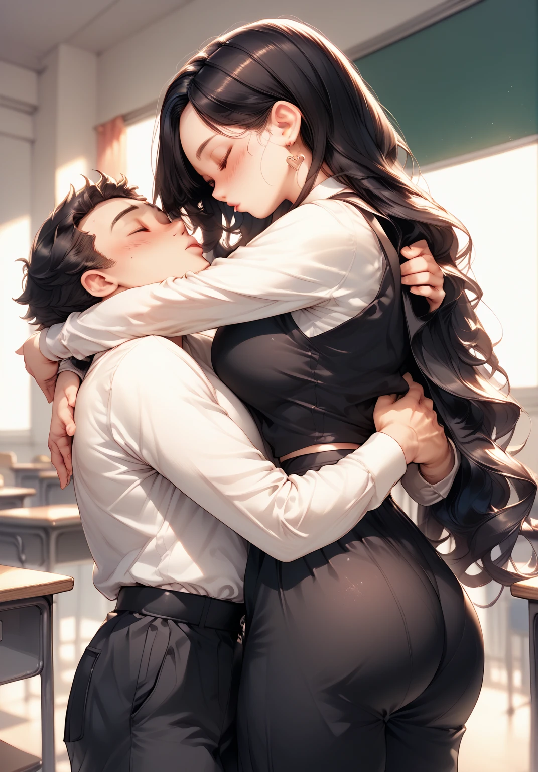  white big haired anime woman with big boobs and ass hugging and kissing a  anime boy with black hair and black clothing in classroom 