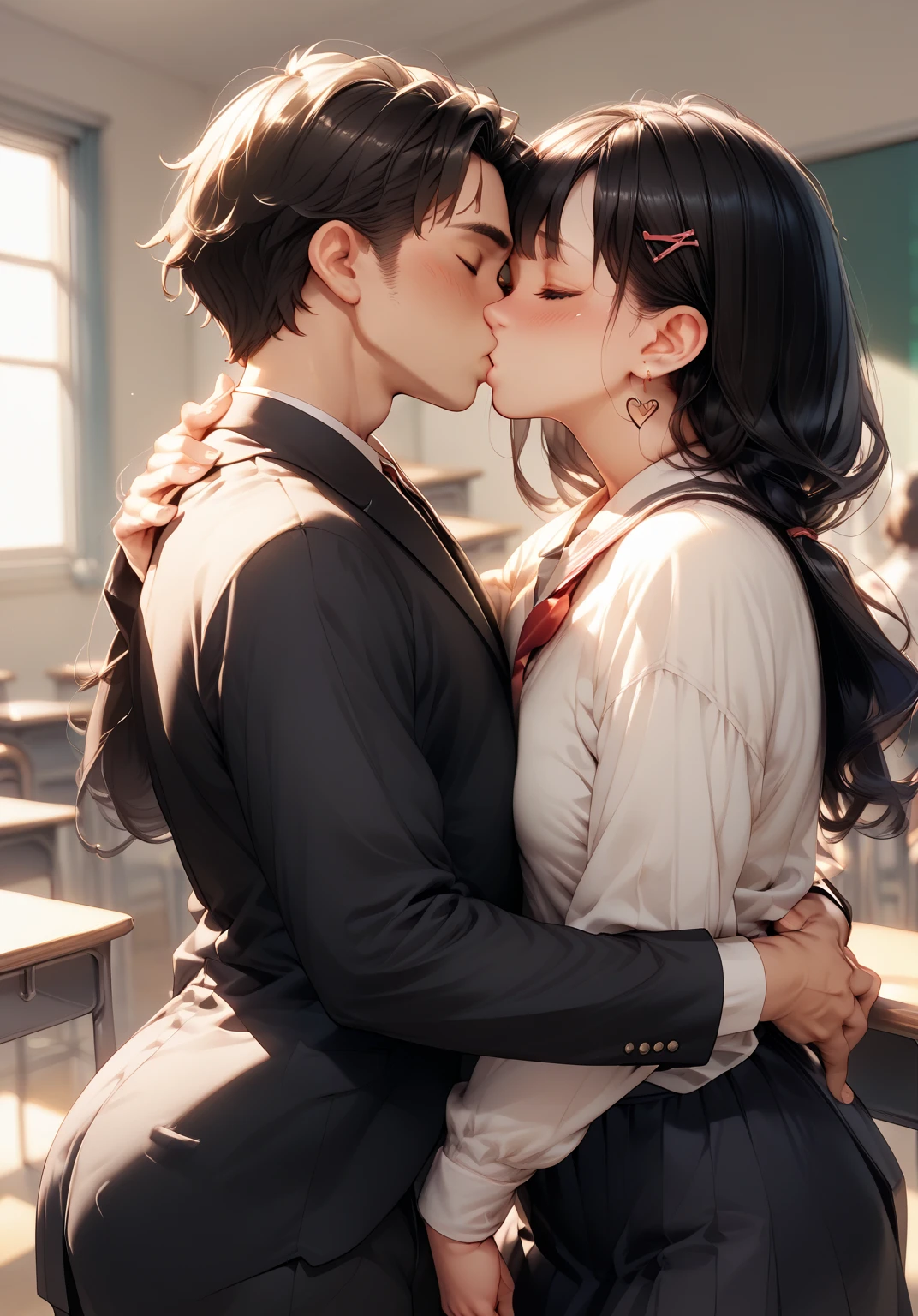  white big haired anime woman with big boobs and ass hugging and kissing a  anime boy with black hair and black clothing in classroom 